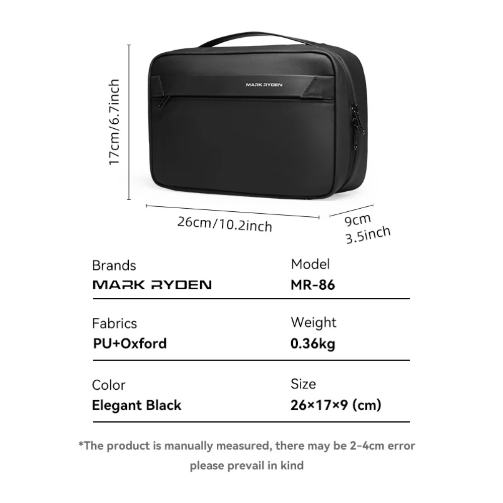 Black travel bag with dimensions and specifications on a white background image
