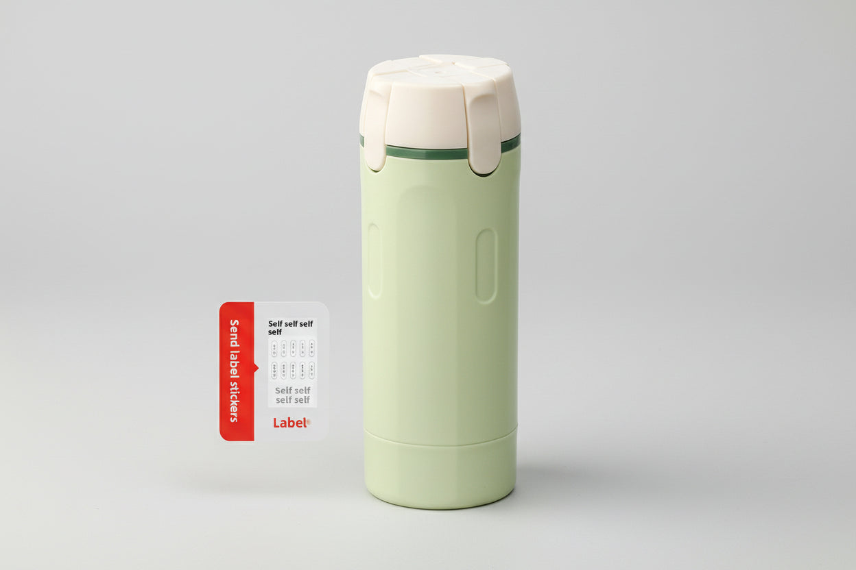 Green thermos bottle with beige lid and a small label sheet on a white background