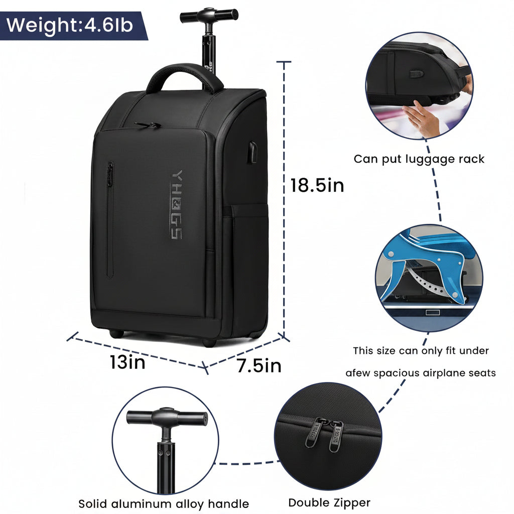Black backpack with features highlighted on a white background