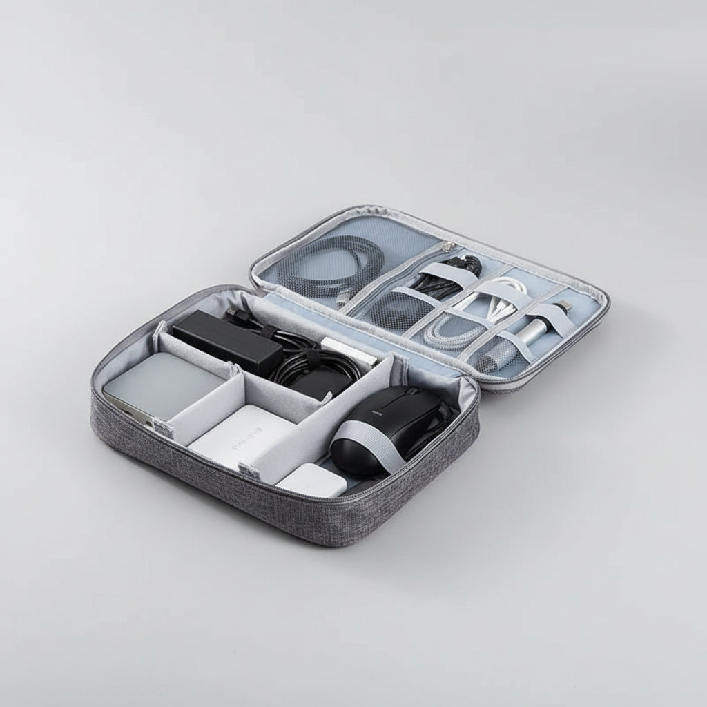 Open TripTech multi-layer tech organizer showing cables, chargers, power bank and gadgets neatly arranged