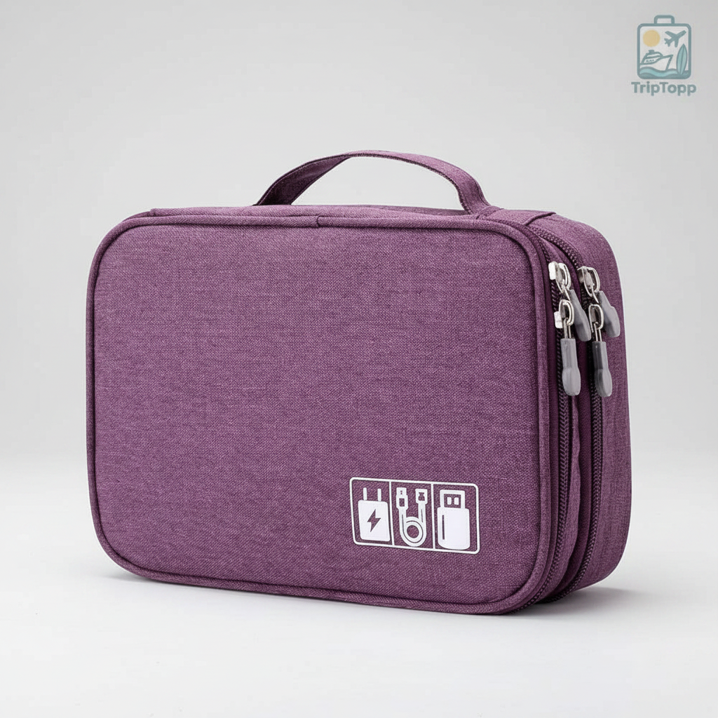 Purple TripTech large tech organiser bag for travel with carry handle
