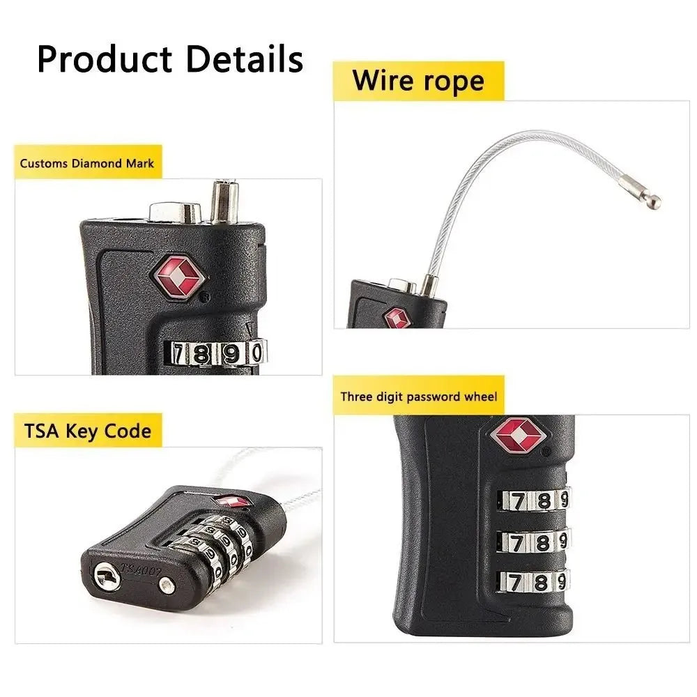 Black combination lock with TSA key code and wire rope on a white background