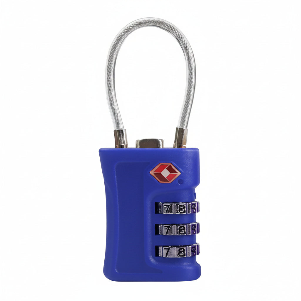 Blue combination lock with a cable on a white background