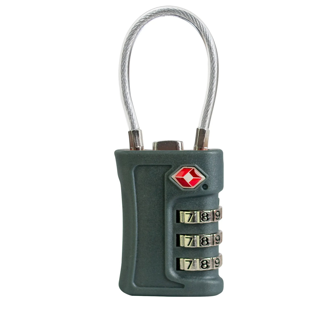 Green combination lock with a red logo on a white background Travel combination lock set for backpacks and airport security