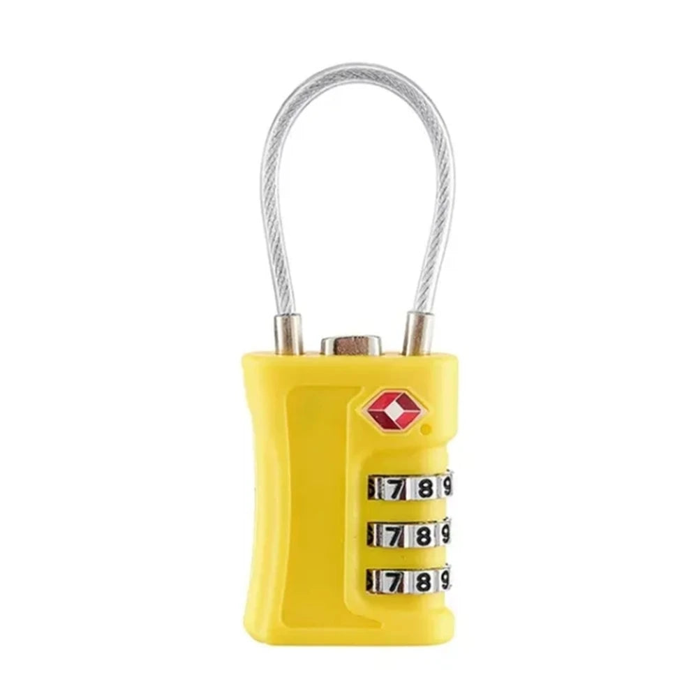 Yellow combination lock with a white background TSA approved 3 digit luggage lock for suitcases and travel bags