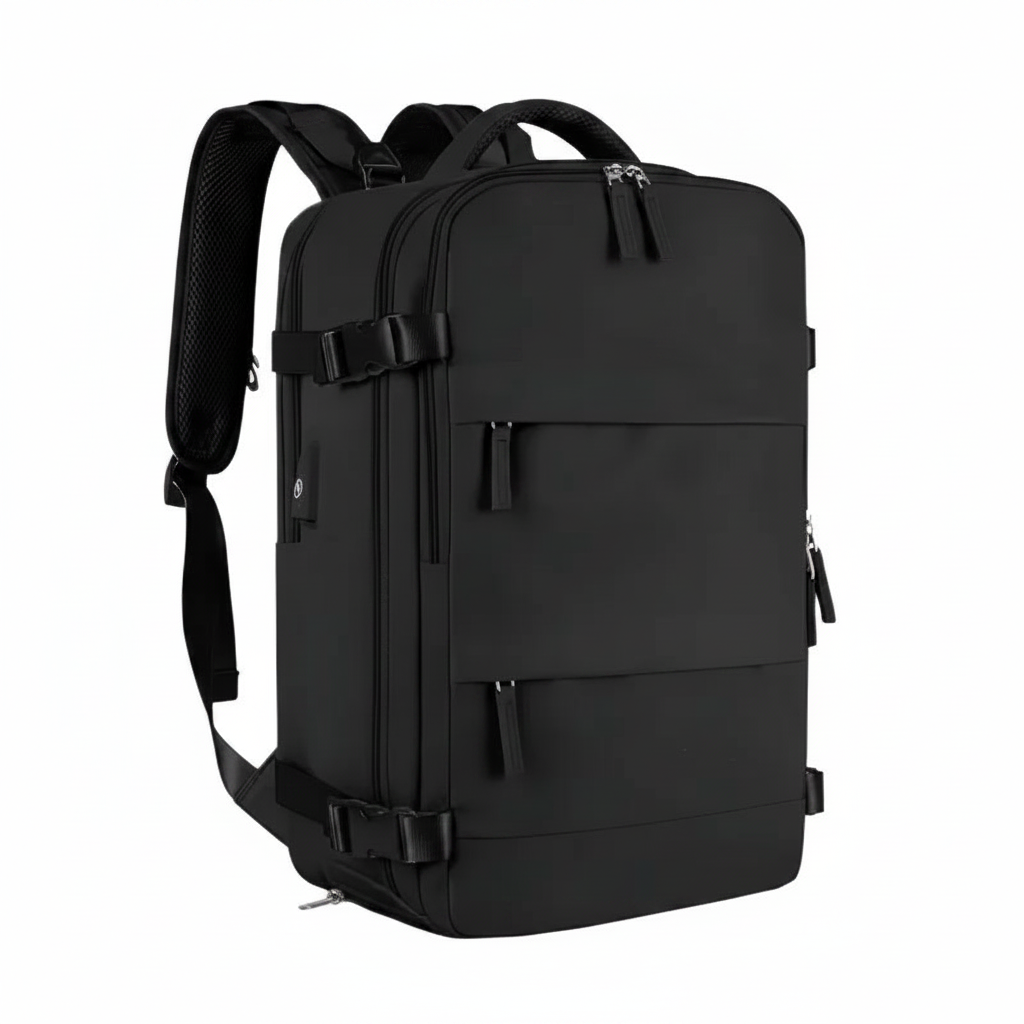 Urban Trip BackPack in black shown from the side, highlighting its compact travel design - travel gear