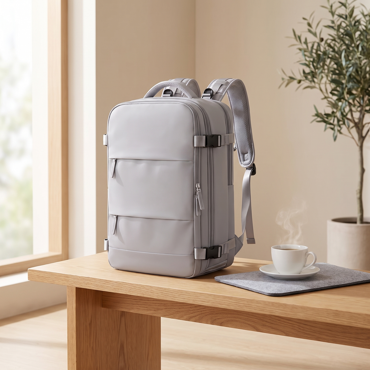 Grey Urban Trip travel backpack with shoe compartment on a wooden table