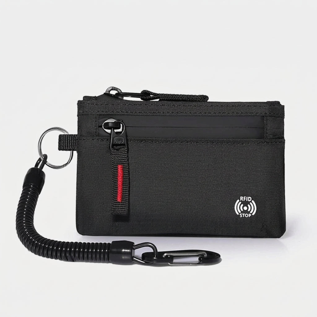 UrbanLock RFID nylon wallet front view card slots and carabiner clip anti-theft