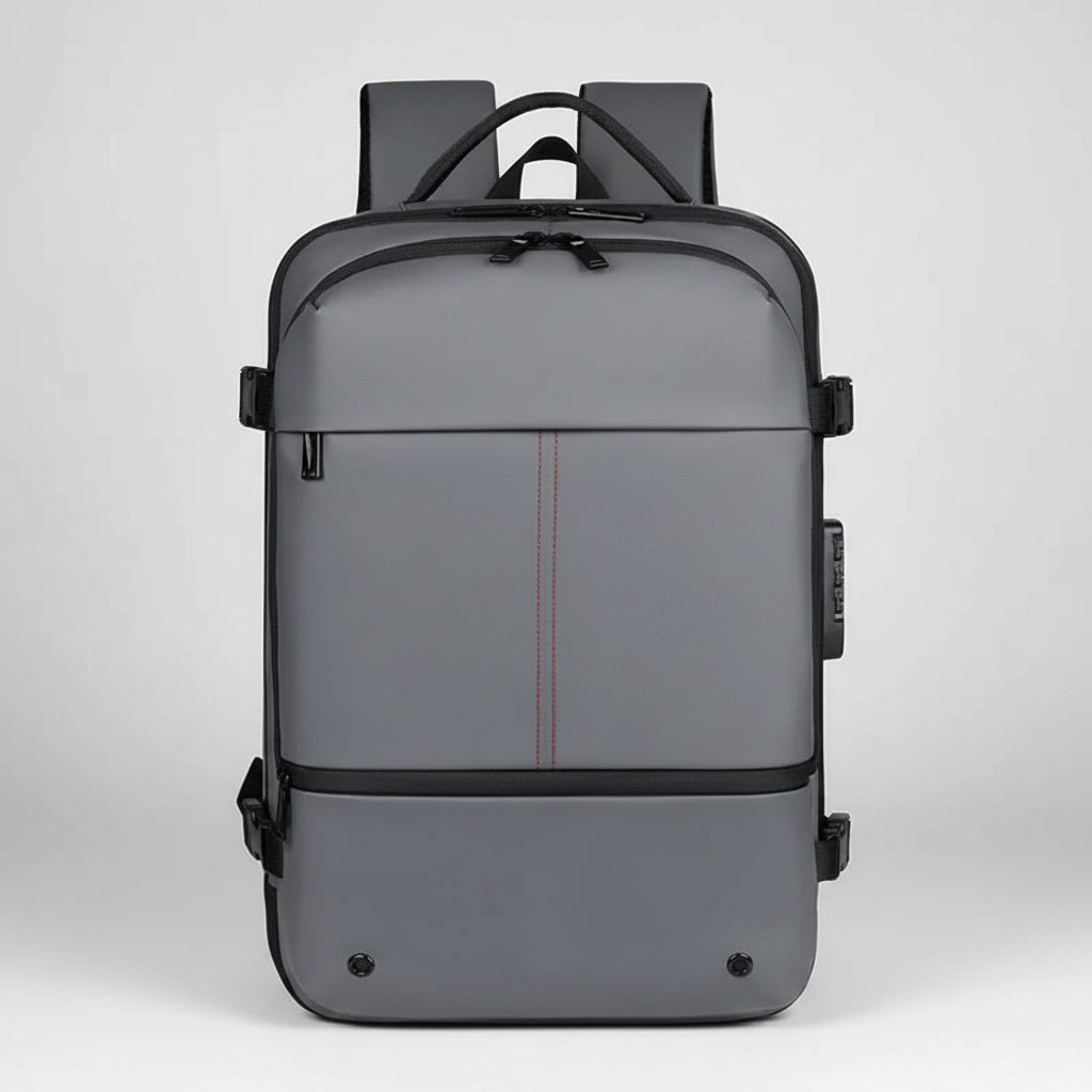 Gray backpack with black accents on a white background