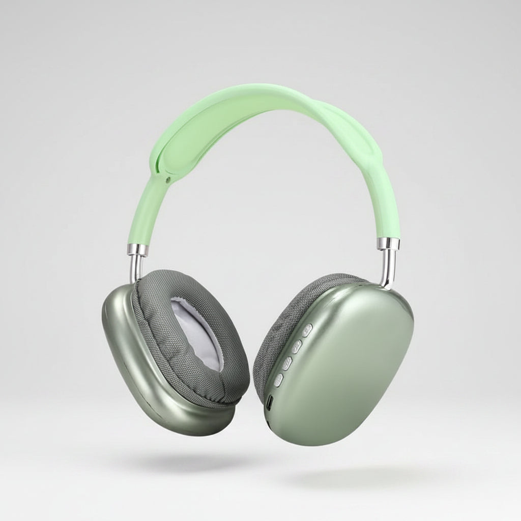 Green headphones on a white background
