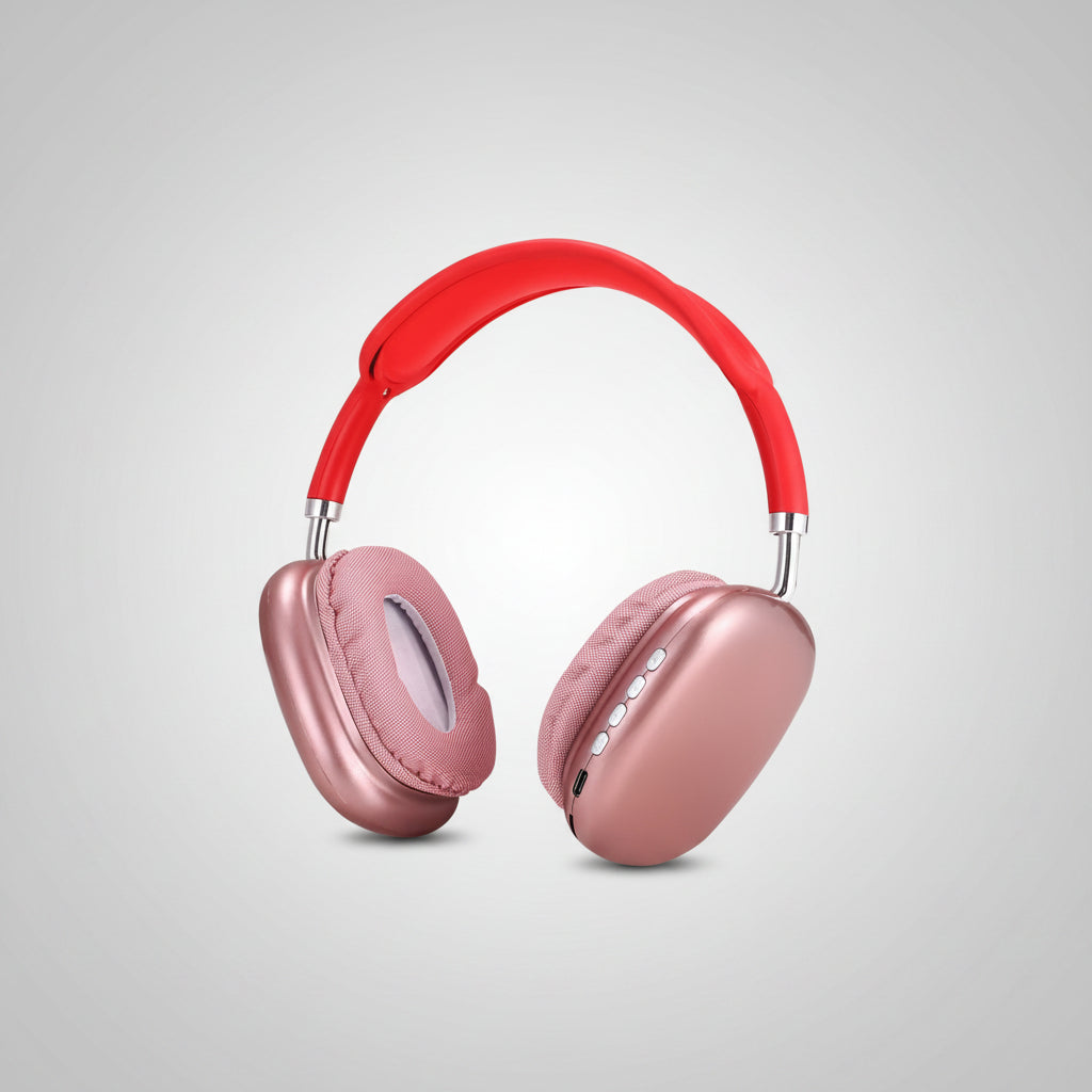 Pink headphones with red headband on a white background
