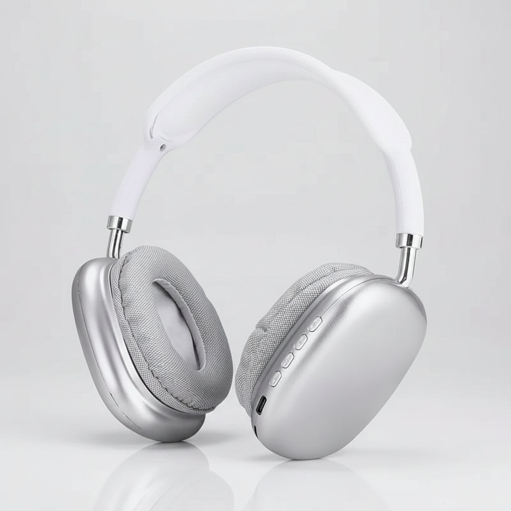 Silver headphones on a white background