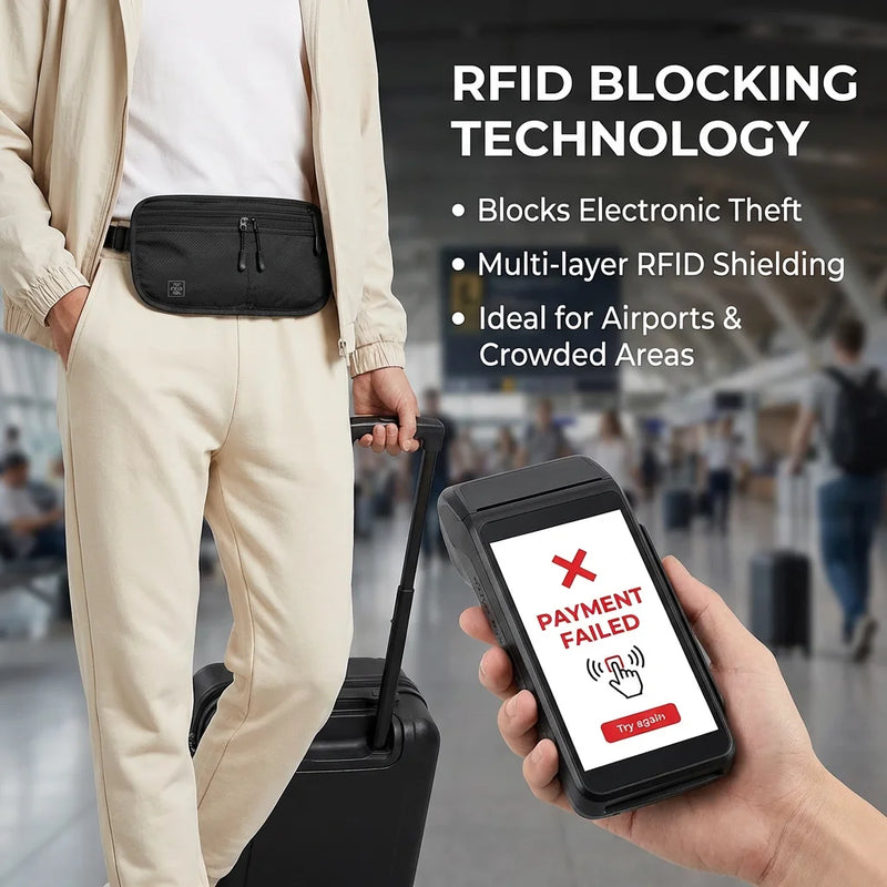 WaistGuard RFID money belt open showing passport cards cash and travel document storage