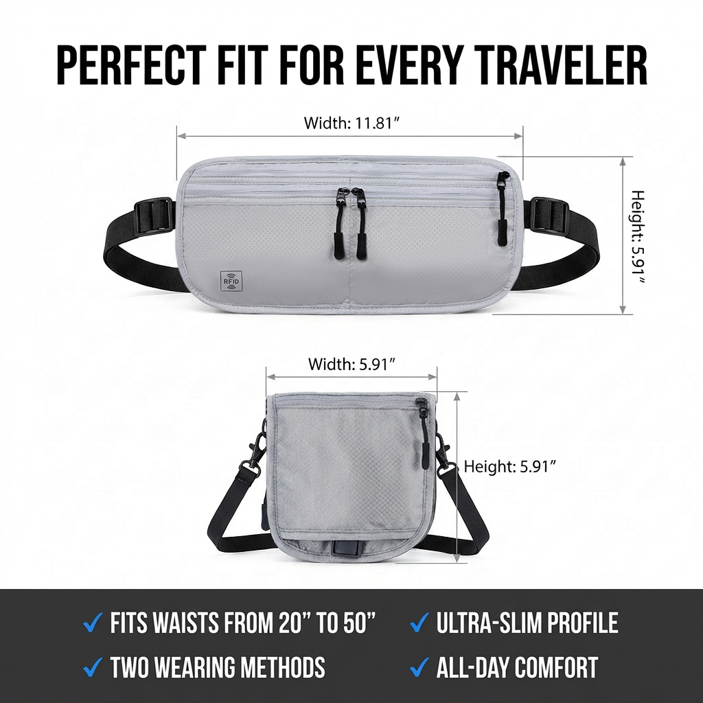 WaistGuard RFID money belt size: fits waists 20 to 50 inches, ultra-slim, wear at waist or crossbody