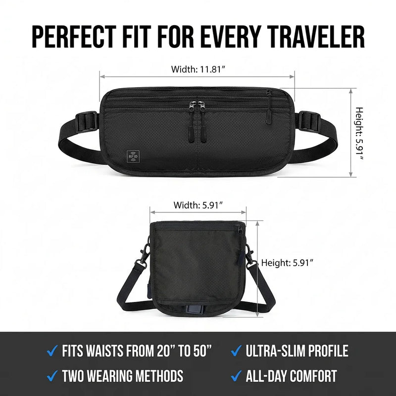 WaistGuard travel money belt worn at waist hidden under shirt pickpocket proof