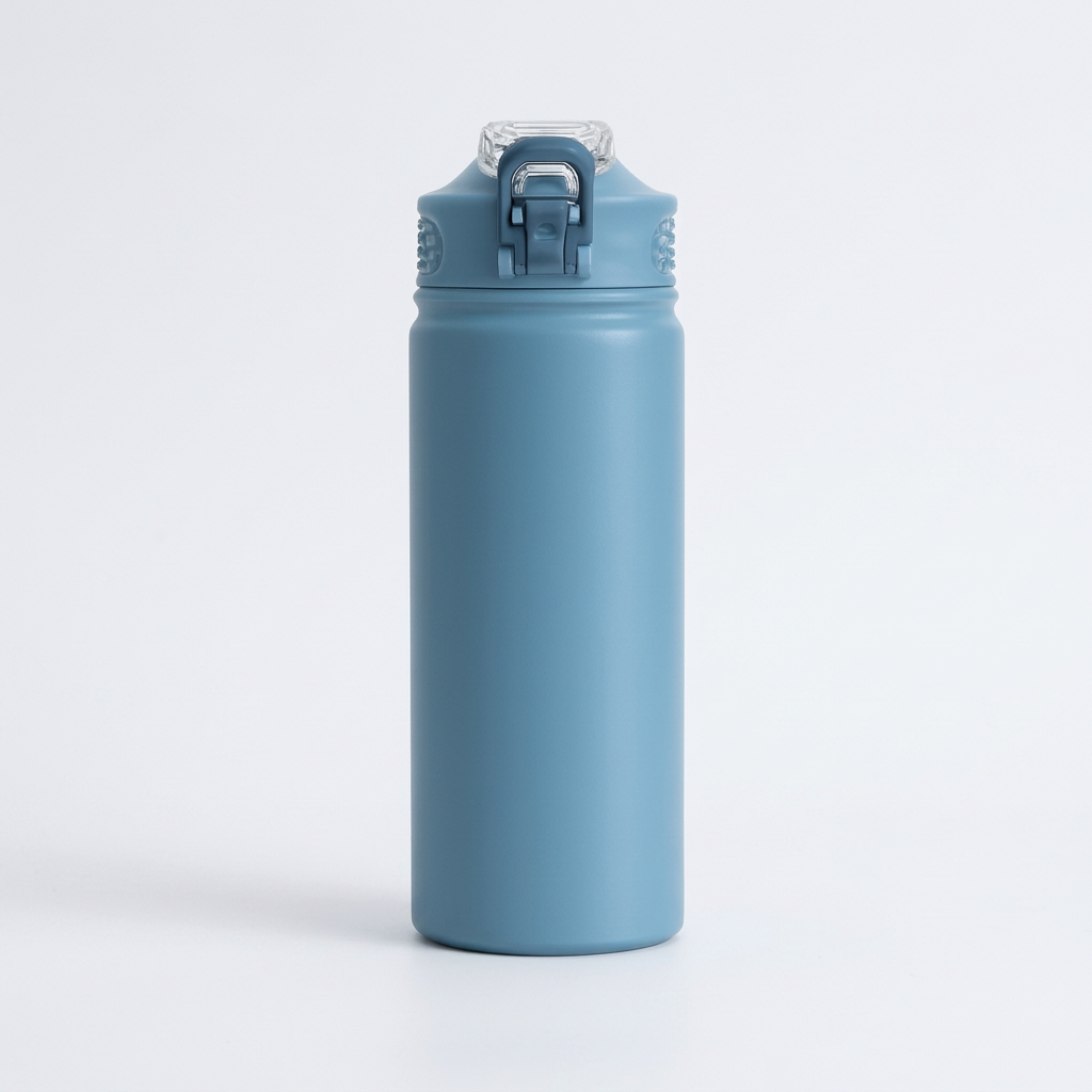 Blue water bottle with a screw-on cap on a white background