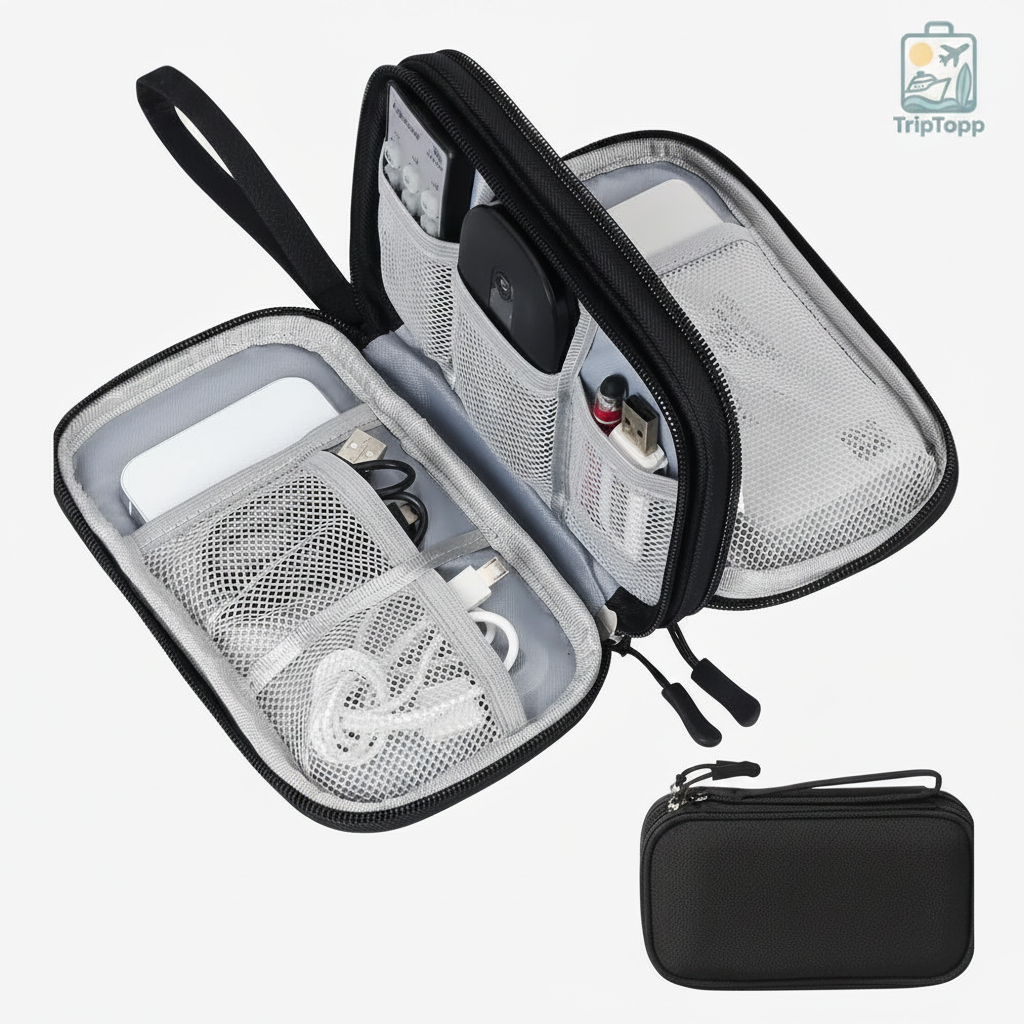 Black travel case with mesh compartments containing electronic devices on a white background WireWay electronics organiser pouch packed inside carry-on luggage for travel