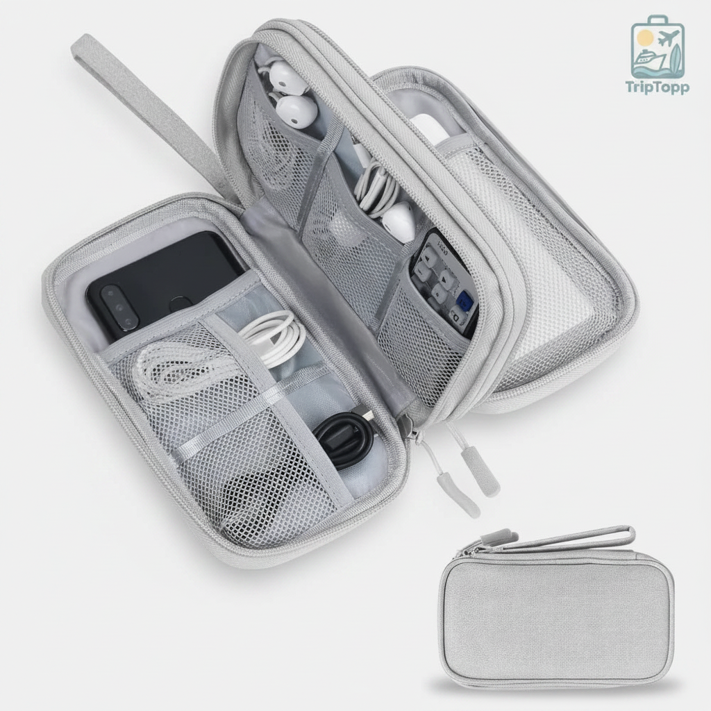 Grey WireWay small cable organiser pouch packed with chargers, cables and earbuds