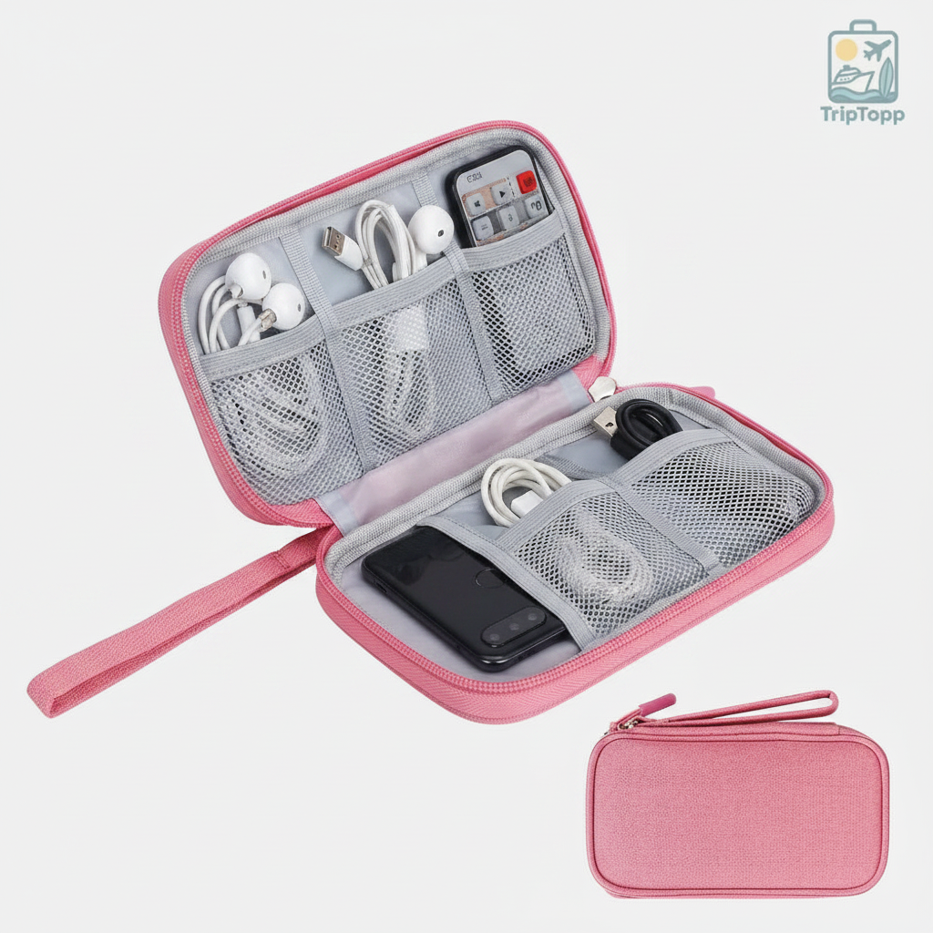 Open WireWay Cable Pouch displaying interior compartments and storage layout - travel storage solutions