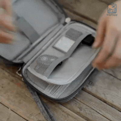 Detail shot of the WireWay Cable Pouch zippers and stitching for durability - travel gadgets