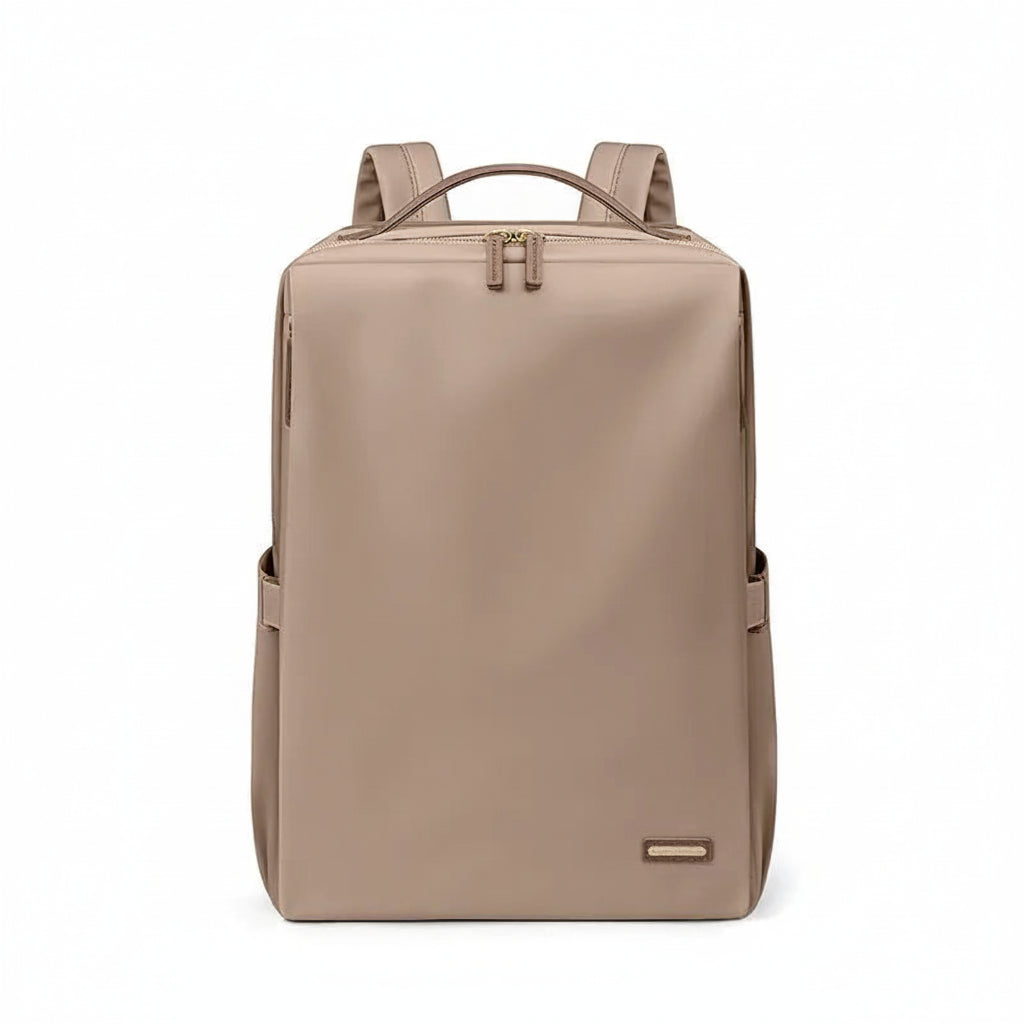 Beige backpack on a white background with 'Champagne Brown' label.