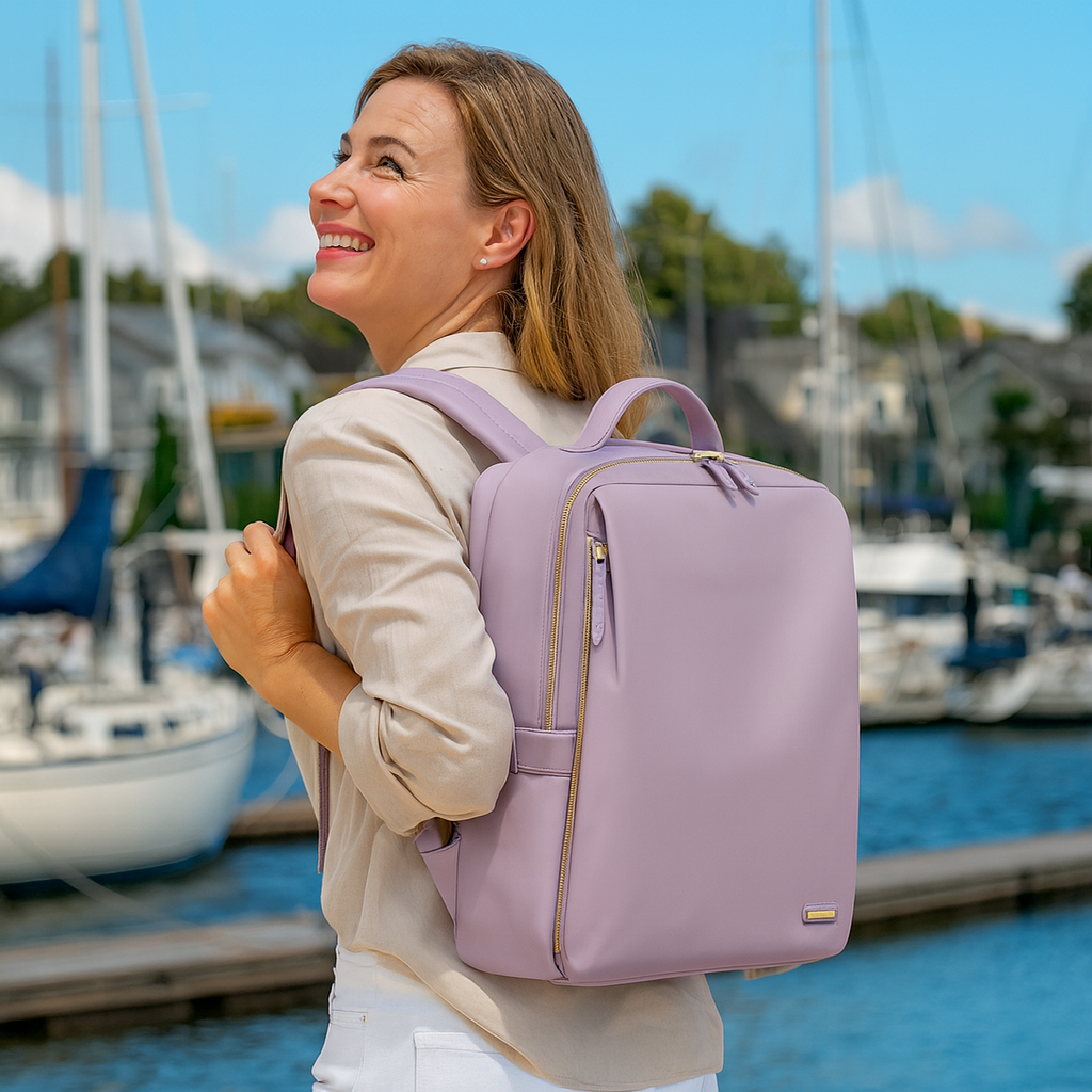 Woman with a purple backpack standing by a marina