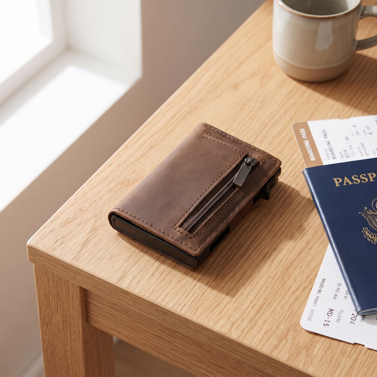 ZenShield RFID blocking card wallet on a wooden desk with passport and boarding pass, travel security wallet